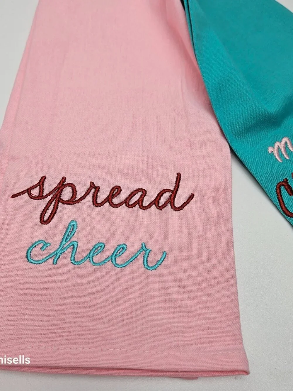 christmas kitchen towel ste in pink and teal